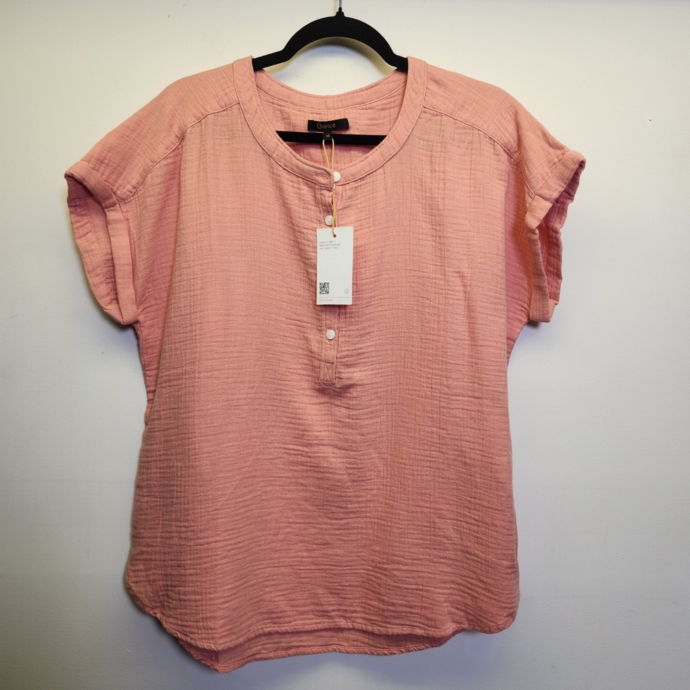 NWT Quince 100% Organic Cotton Gauze Roll Sleeve Shirt Med Coral Blush Henley